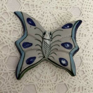 Mexico Art Pottery Butterfly Wall Hanging Hand Painted  Signed Blue Gray